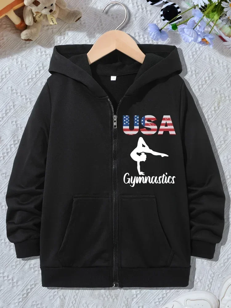 Kid Full Zip Hoodie Vintage American Flag USA Gymnast Girl Graphic Long Sleeve Loose Hooded Outerwear For Little Girl Sport Wear