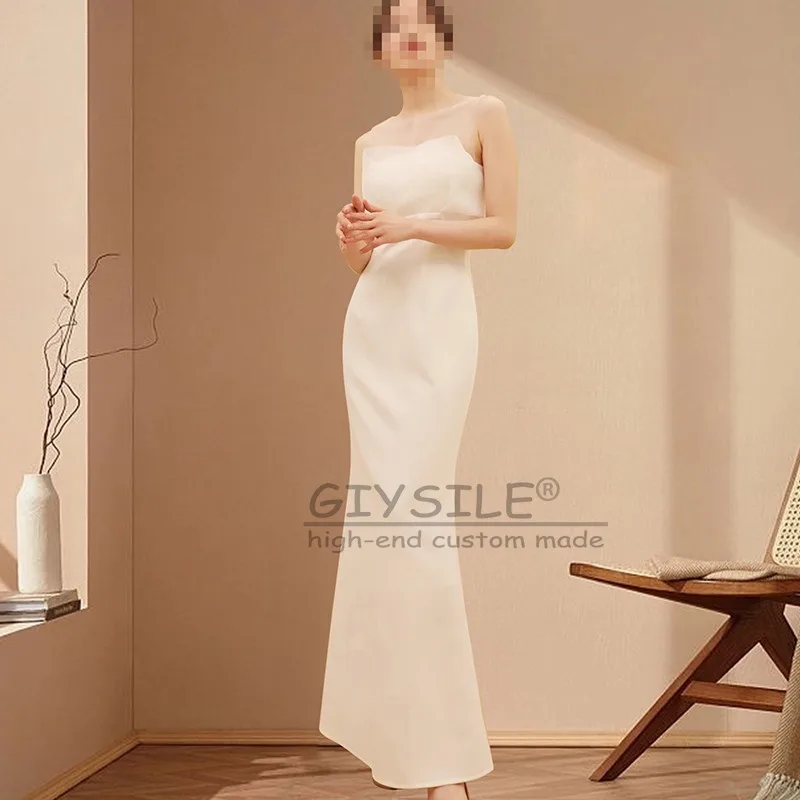 GIYSILE Aangepaste witte trouwjurk Eenvoudige satijnen Hepburn windtaille Fishtail mouwloze formele dames elegante avondjurken