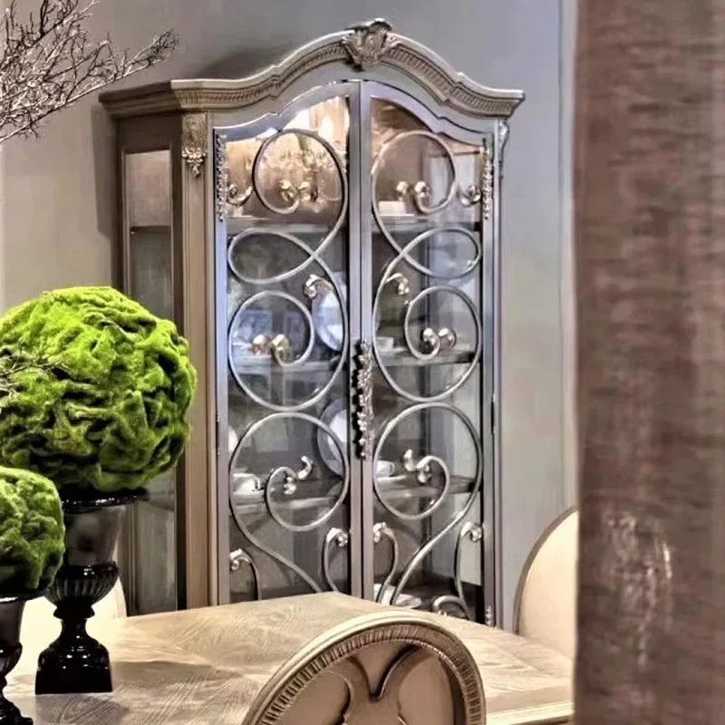 كابينة النبيذ الخشبية الصلبة الريفية الأمريكية وفن جديد Doub le Door Gl Ass Anti Que Cab Net #4