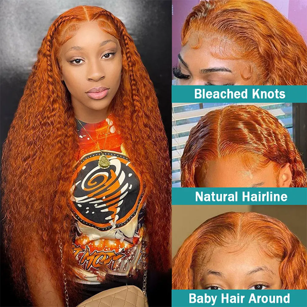 32Inch Ginger Orange Lace Front Wigs Deep Curly Human Hair Wigs Dark Colored Water Wave Human Hair 13x6 HD Lace Frontal Wig