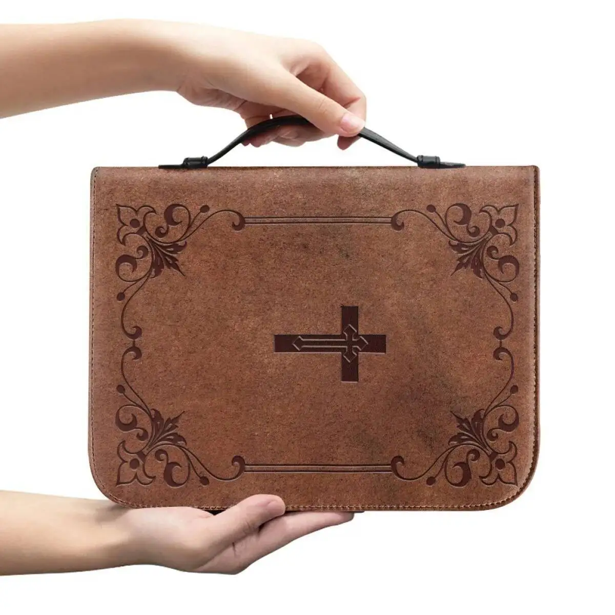 

M Size Leather Cross Design Printed Book Bible Bag Student Travel Storage Bag One-handed Portable Storage Student Handbag