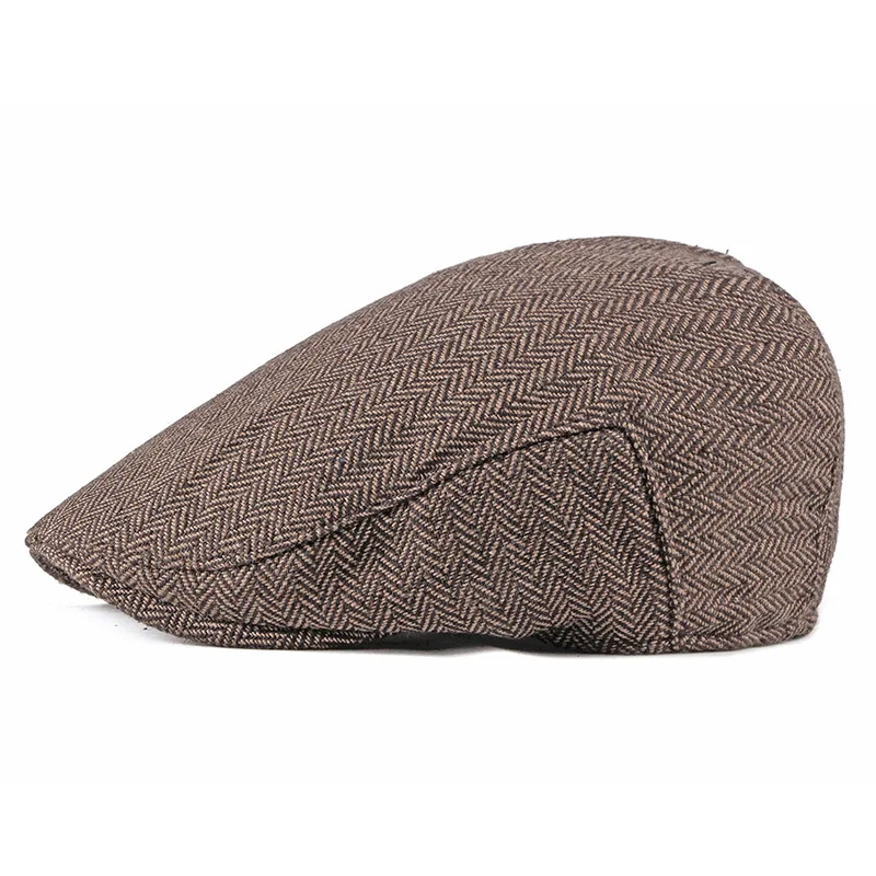 Herren Mode Baskenmützen Hochwertige Herbst-Winter Woll-Fischgrätmuster Flache Mütze Klassischer Künstler-Malermützen-Stil Männliche Gorras – Detail 3