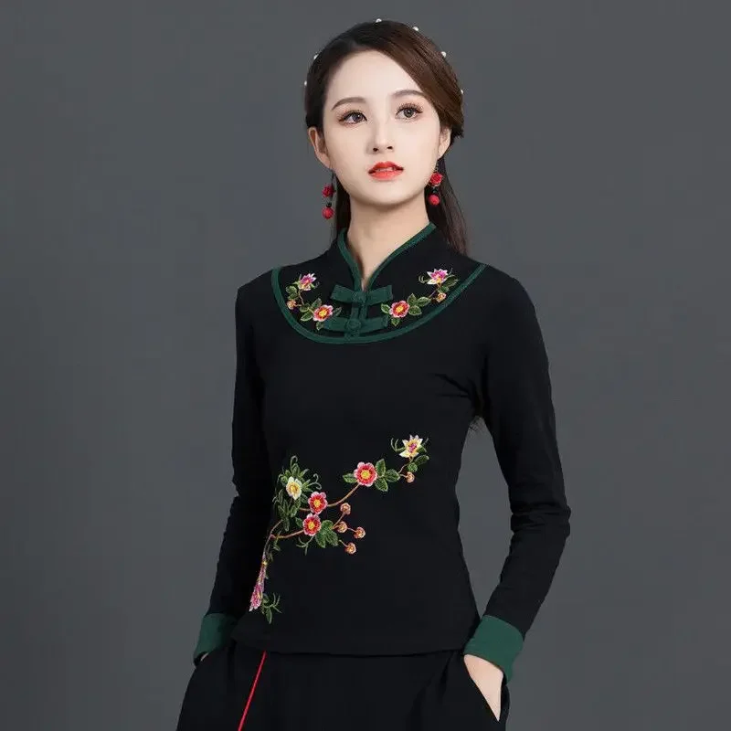 T-shirt brodé à manches longues pour femmes, haut à col montant, coton, bouton rétro, style chinois, printemps, automne, nouveau
