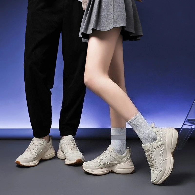 

Minority Design Couple's Thick Height Increasing Casual Shoes with Leather Surface Boys Original Skateboarding Shoes Solid Color