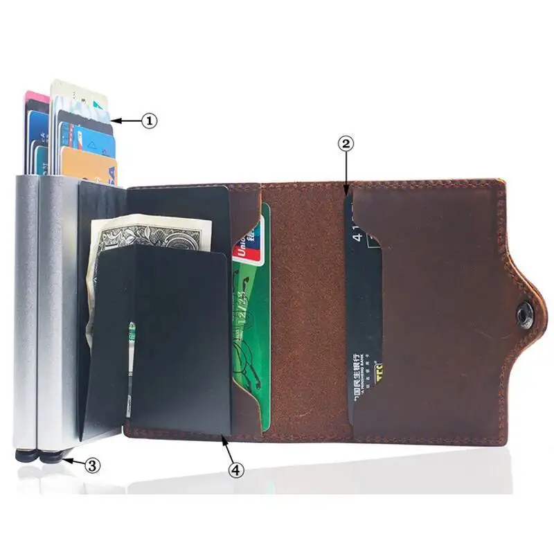 VM MODE BAISER RFID Fou Cheval En Cuir Mini Portefeuille de Sécurité Informations Double Boîte En Aluminium Carte de Crédit Titulaire Métal Bourse