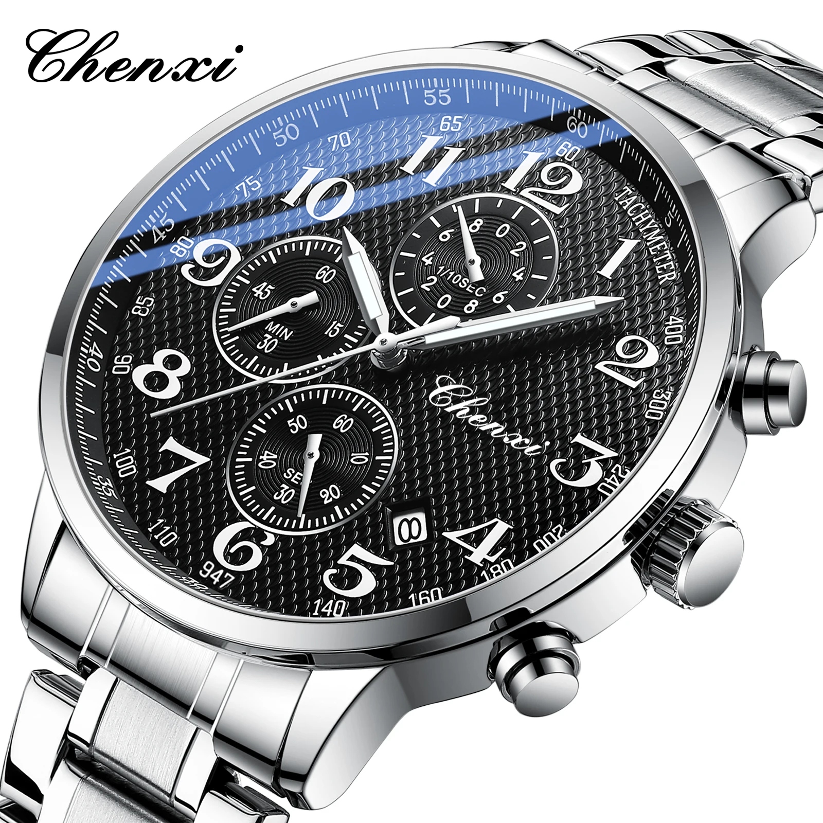 Chenxi 947 Original Men's Watches Classic Multifunctional Silver Stopwatch Quartz Wristwatch Waterproof reloj