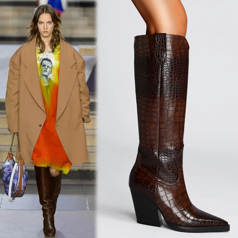 

Women's Crocodile Embossed Leather Knee High Boots Fashionable Pointed Toe Block Heel Western Boots Retro Inspired Edgy Footwear