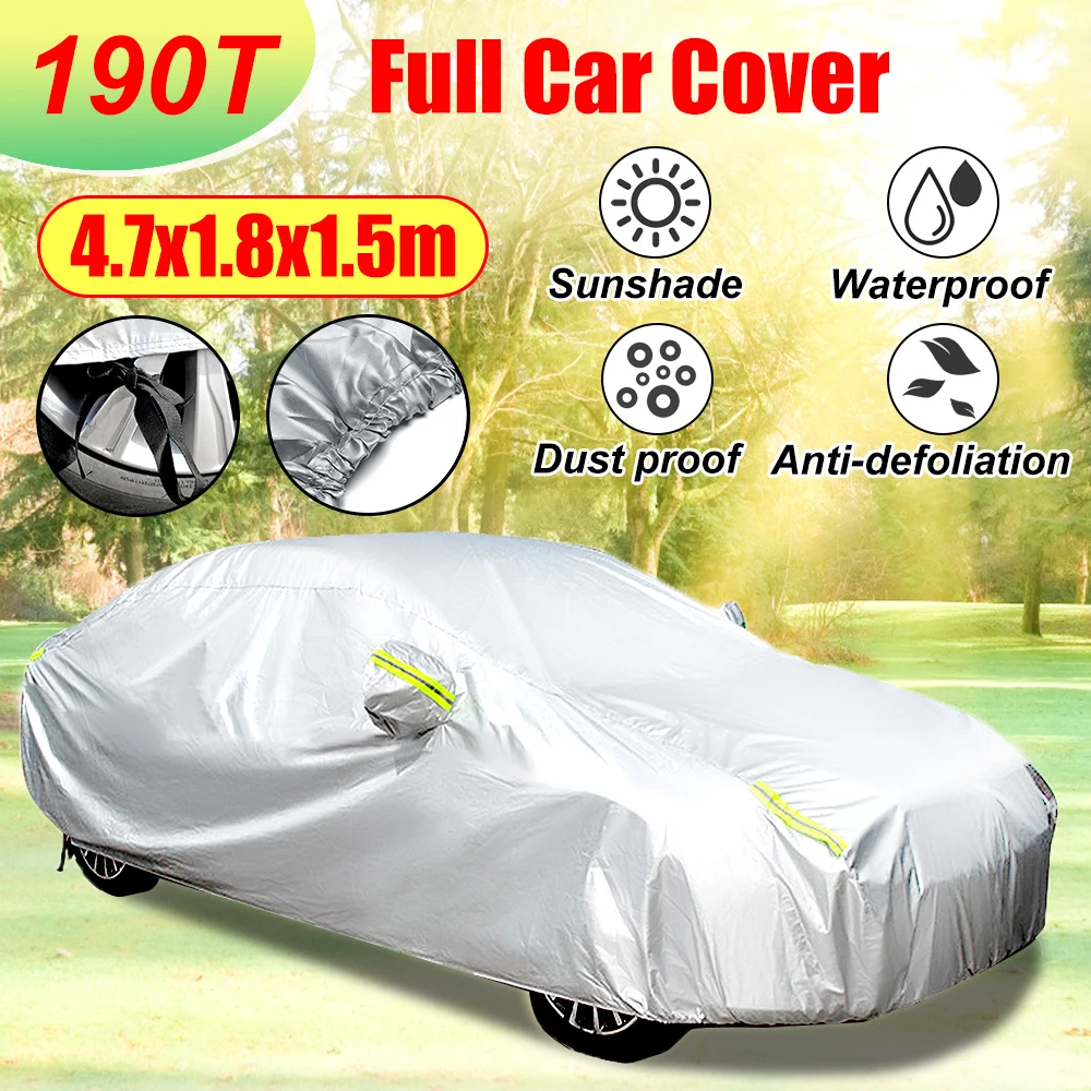 

Чехол для автомобиля 470x180x150 см, стандартный седан, материал 190T, со светоотражающей полосой, защита от солнца, водонепроницаемый, пылезащитный, всепогодный