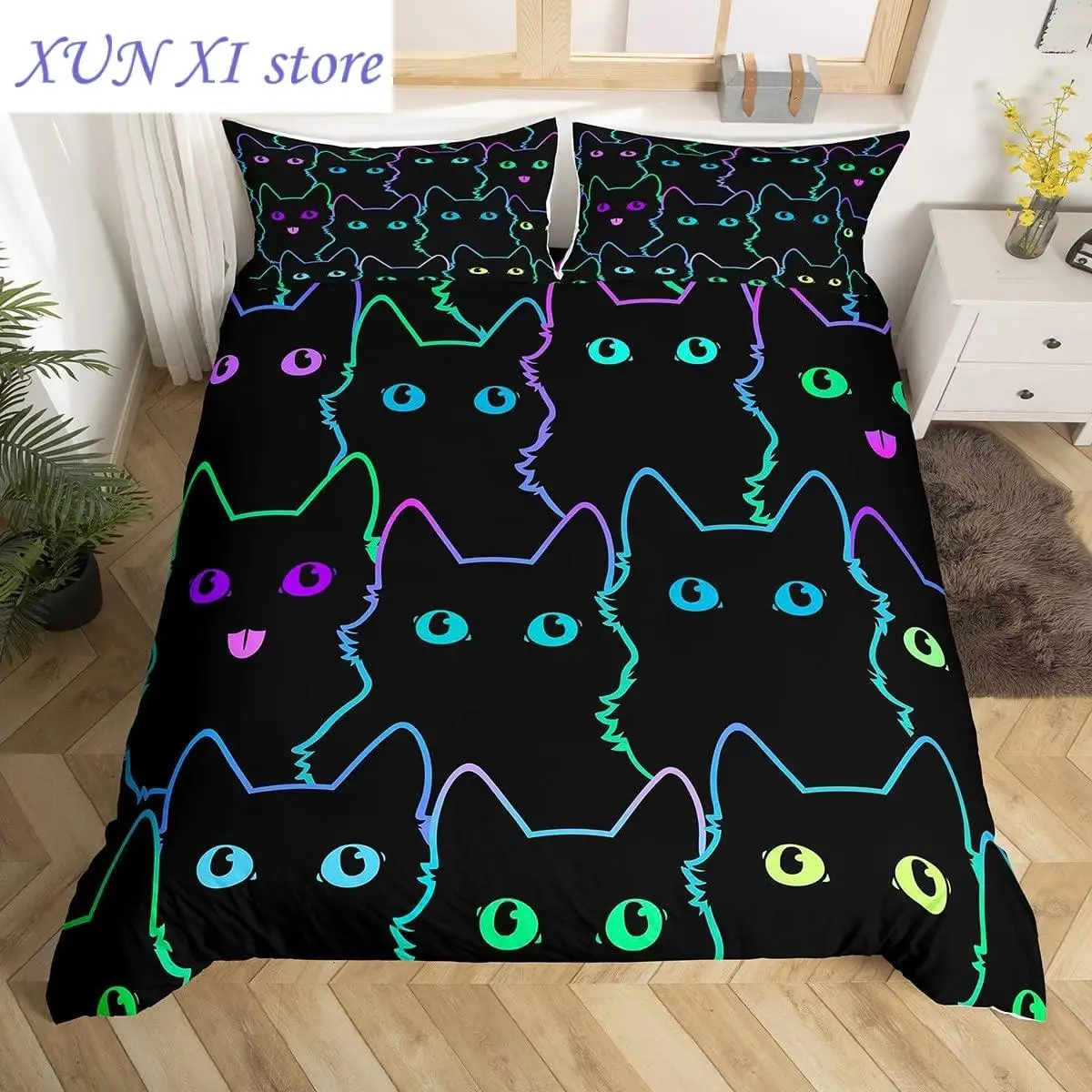 

New Bedding Set for Girls Boys Pet Cats Comforter Cover Cute Kitten Neon Light Duvet Cover Room Decor 3D Bedspread Cover