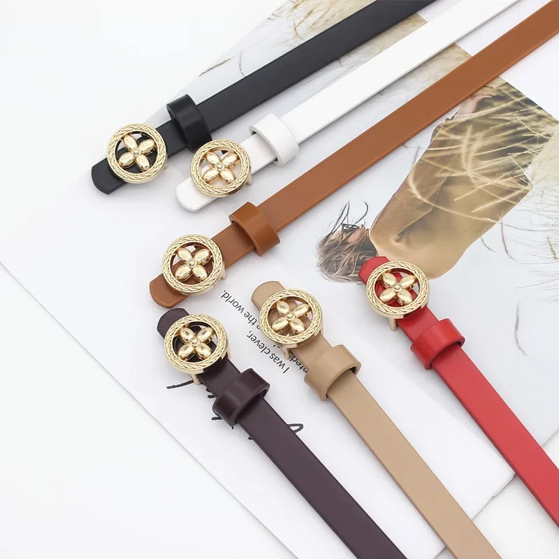 Fashionable and Fresh Candy-Colored Waist Chain Thin Belt with Multicolored Floral Buckle and Gold-Plated Alloy Buckle for Women