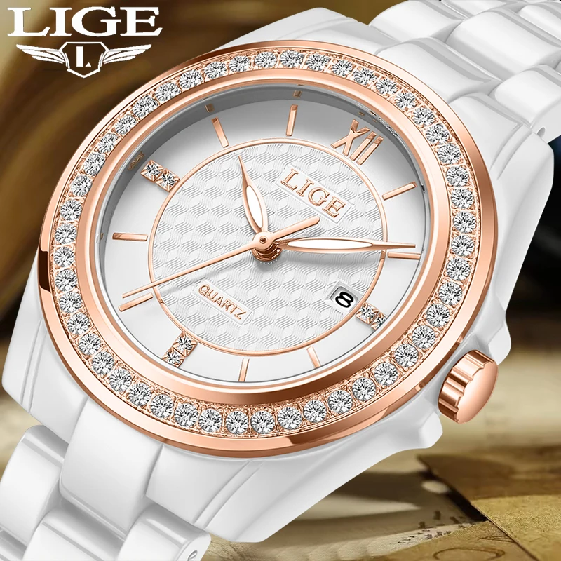 LIGE New Luxury Ceramic Watch Women Fashion Elegant Women's Quartz Wristwatches Casual Sports Calendar Waterproof Ladies Watch