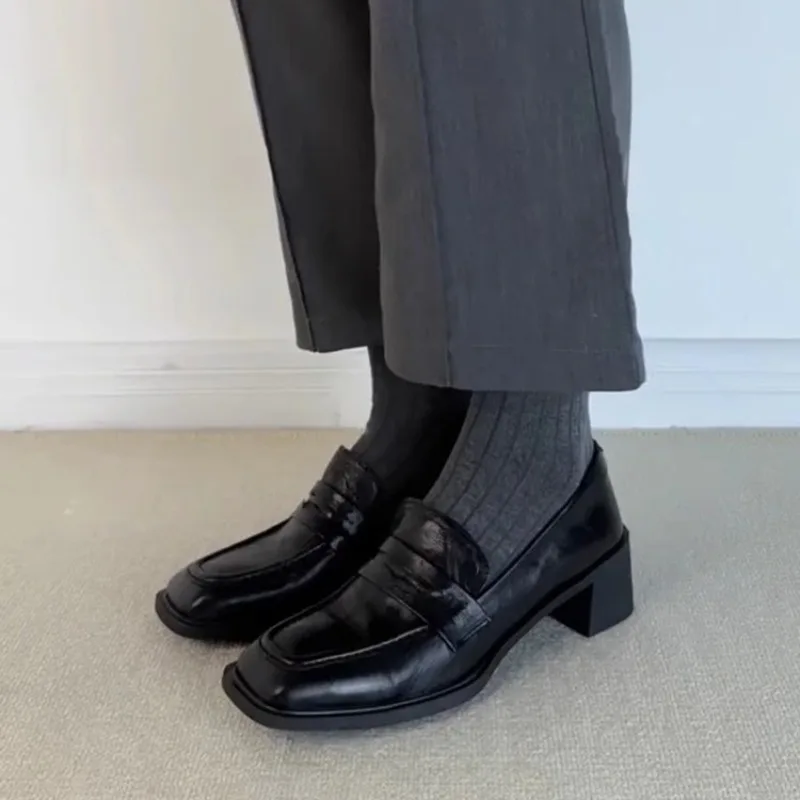 Sheepskin Leather Retro Shoes for Women Thick-soled Sqaure Toe High Heels Shoes Black Elegant Office Pumps Single Shoe