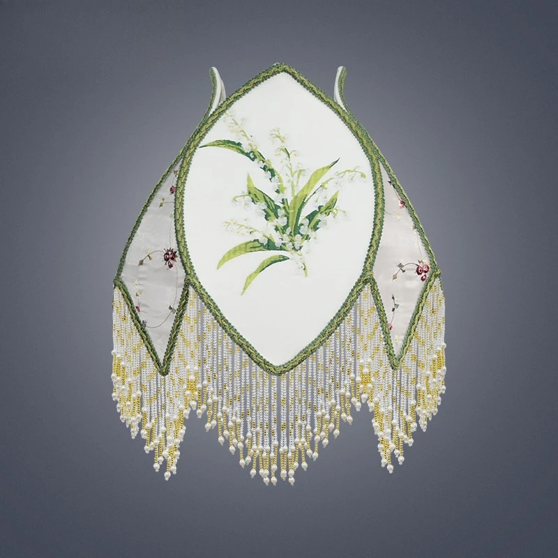 Green Lily of the Valley French Pastoral Star Moon Myth Pearl Suspender Vintage Brass Plated Table Lamp Shade
