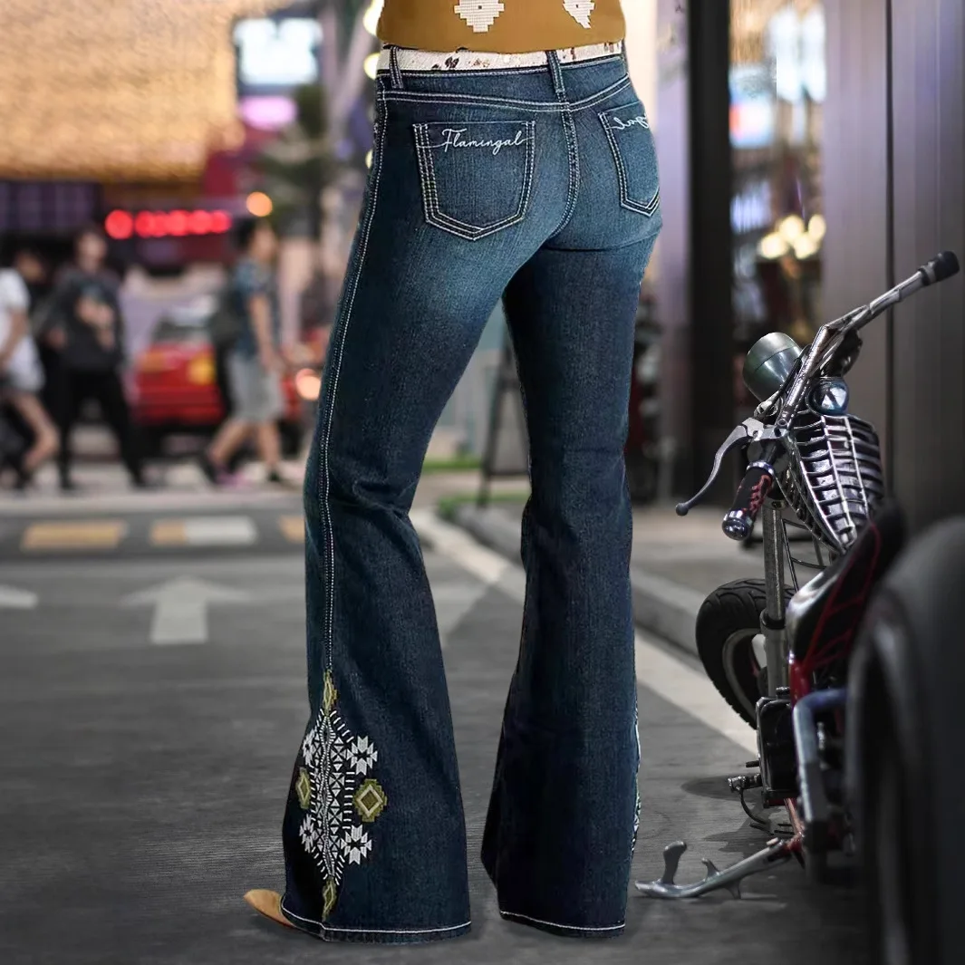 

Брюки-клеш, джинсы, женские джинсы с вышивкой, брюки со средней талией, потертые винтажные карманы, уличная одежда, потертая длина до пола