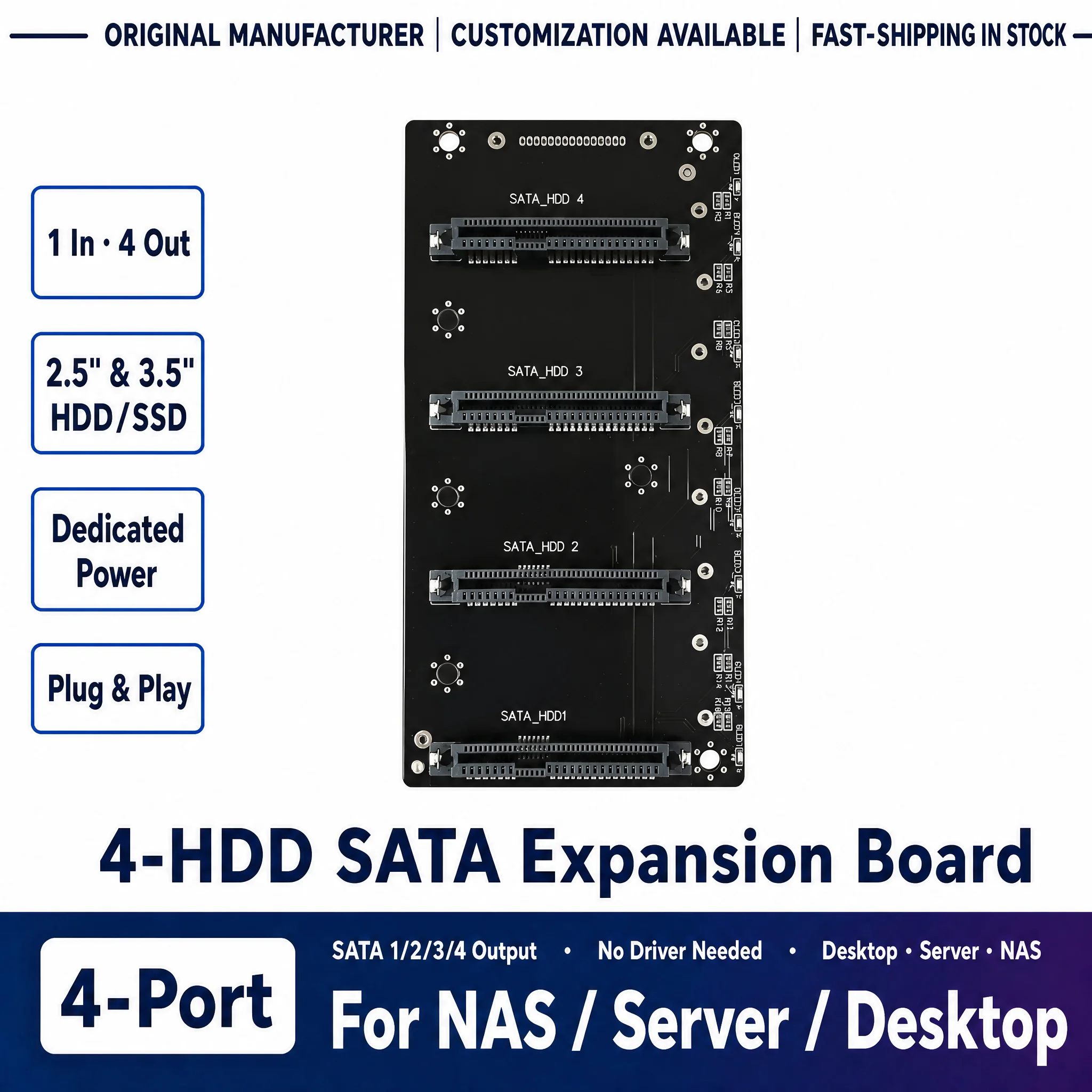 4 Bay SATA Hard Disk Backplane Board, Support 2.5" 3.5" HDD SSD, 4-Port SATA Expansion for NAS Server PC Storage