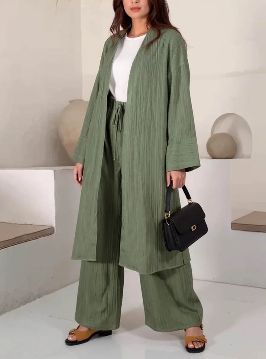 Women Crinkle Textured 2 Piece Outfit Long Open Front Kimono Cardigan Wide Leg Pants Casual Loose Loungewear Set