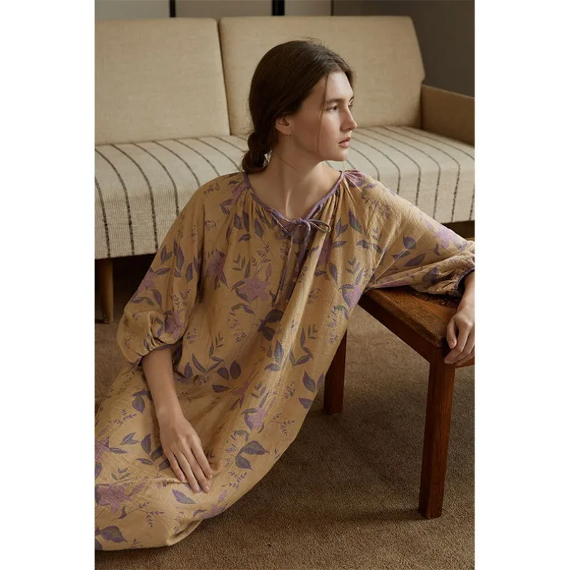 2024 Ladies Double Cotton Gauze Flower Printing Lazy Long-sleeved Nightgown V-Neck Loose Comfortable Night Dress Women Summer