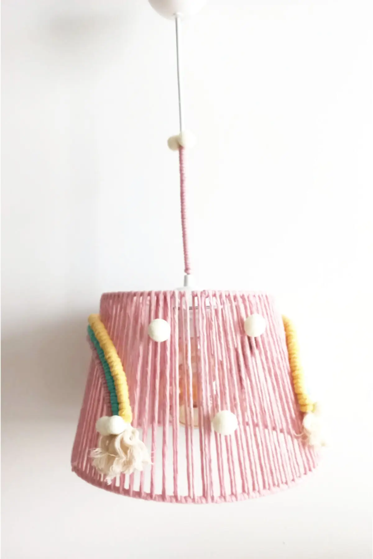 

DOLBOVI pink macrame rope wrapped rainbow applique baby and children's room chandelier with pompom