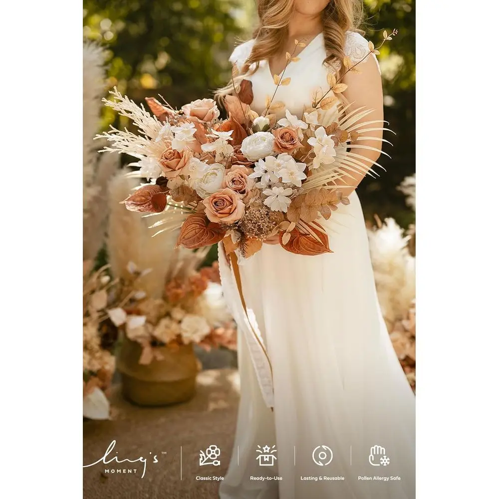 17 Fall Terracotta Silk Boho-Style Artificial Bridal Bouquet for Rustic Weddings