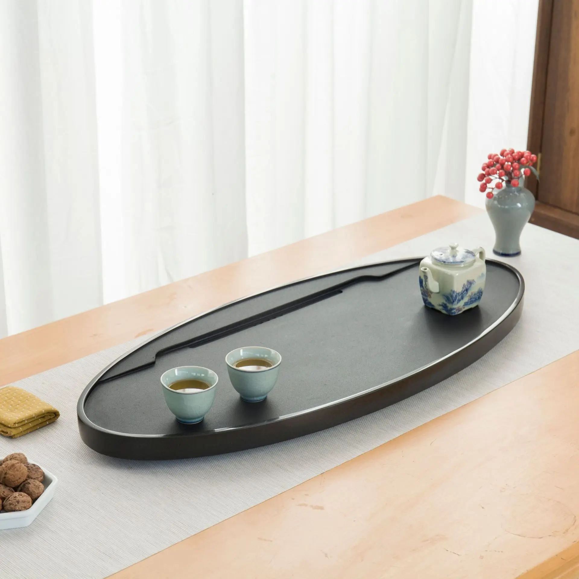 

Oval Wujin Stone Tea Tray Stone Large Tea Table Household Simple Kung Fu Tea Table with Drain Pipe Home Gift