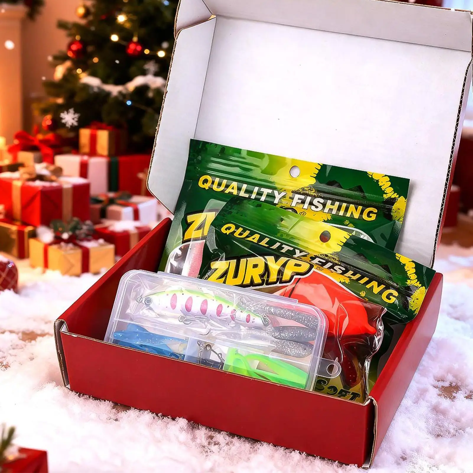 مجموعة طعم الصيد لعيد الميلاد، مجموعة أدوات صيد سمك السلمون المرقط لموسم العطلات، ليلة العائلة، الصباح، التخييم في الهواء الطلق، بحيرة النهر #3