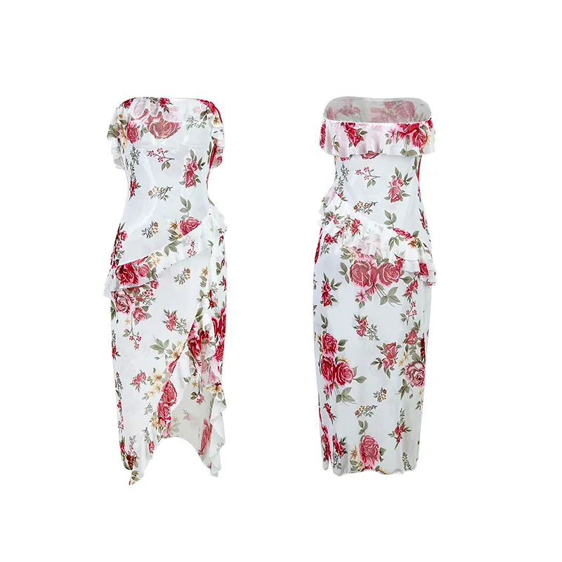 Sexy Floral Mesh Nightgowns Off Shoulder Night Dress Beautiful Ruffle Pajamas Dress Side Slit Print Sleepwear Babydoll Home Wear