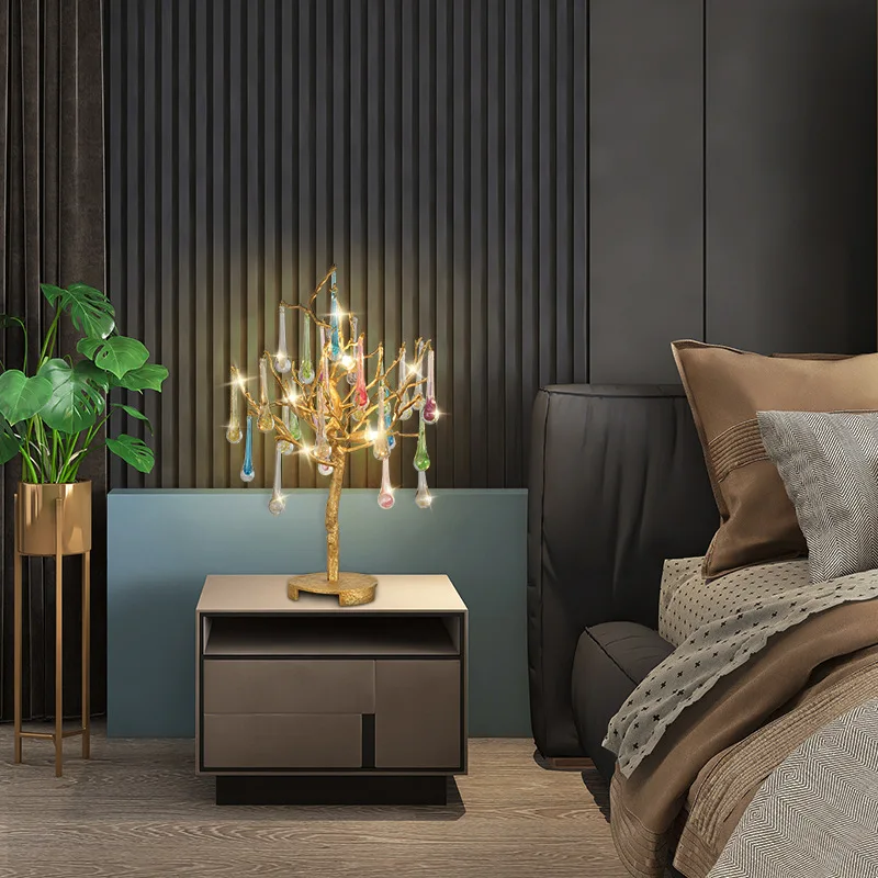 Light luxury bedroom bedside lamp, all-copper modern branch crystal glass table lamp