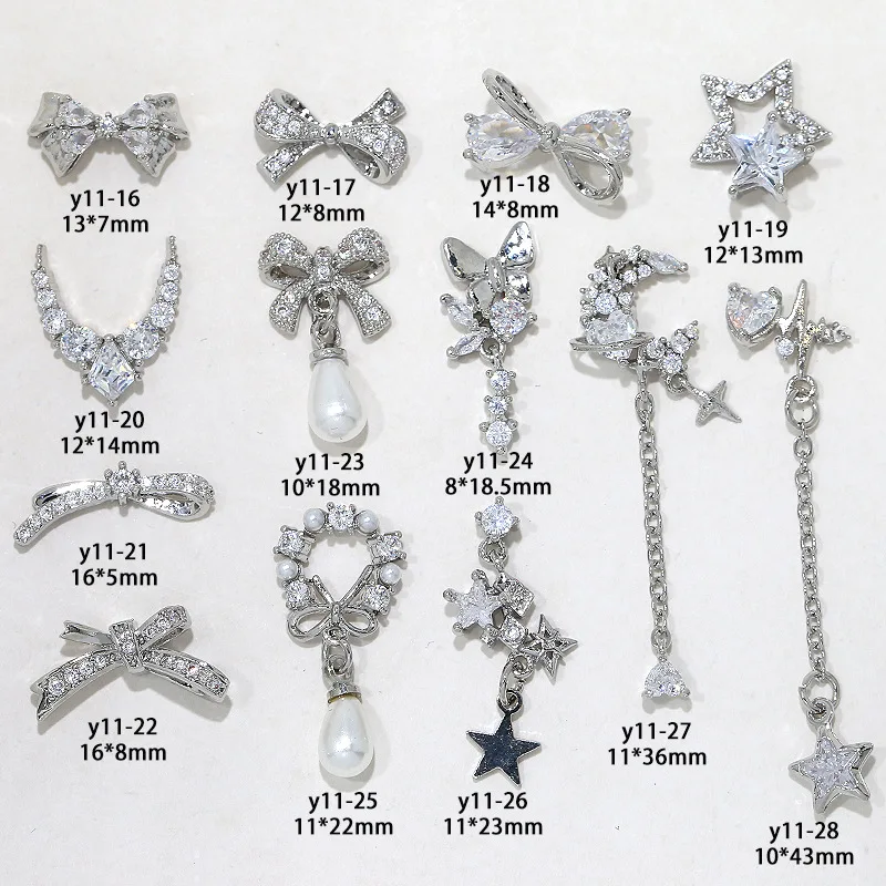 2PCS Luxury Zircon Silver Ribbon Bow 3D Nail Art Charms Glitter Pearl Star Moon Pendant Rhinestones Decor Manicure Accessories