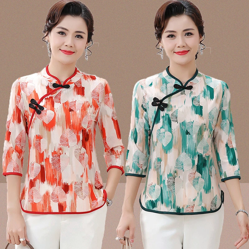 Middle-aged and Elderly Women's Clothing Asian style Top three-quarters sleeve T-shirt New Mother cheongsam collar Shirt