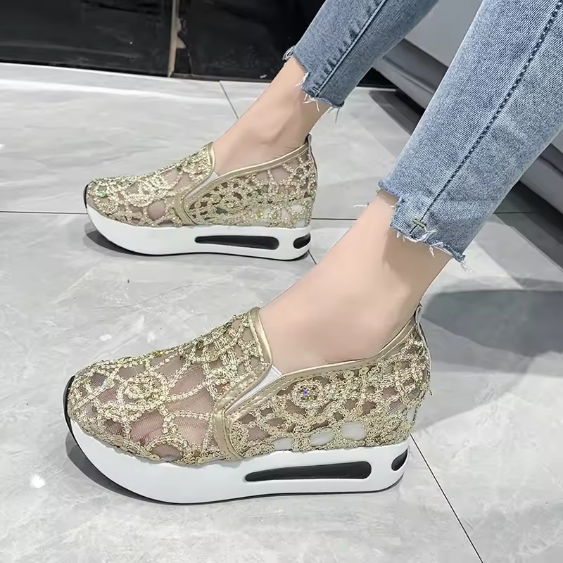 Platform Wedges Women Sneakers Floral Embroidery Mesh Sneakers Women Slip on Casual Comfy Heeled Shoes for Woman Tenis Feminino Products on AliExpress