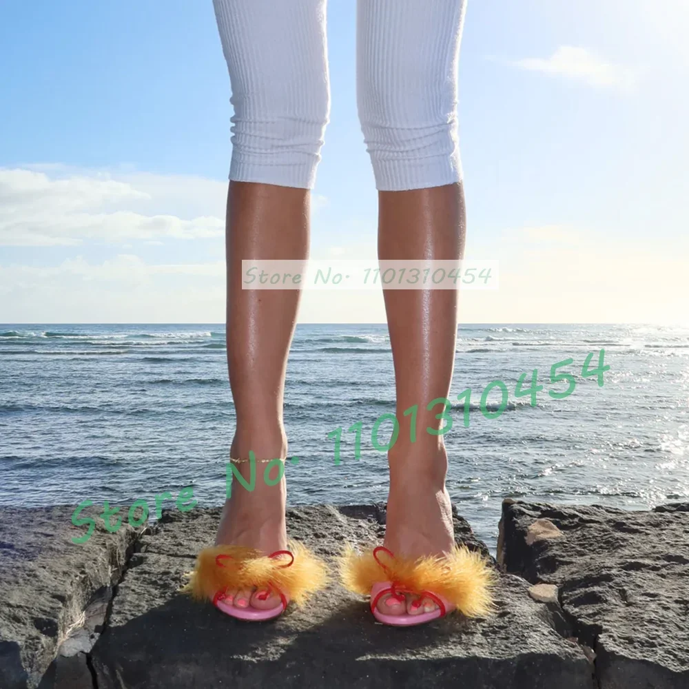 Lovely Feather Wedge Slippers With Bow Women Elegant Multicolor Summer Stylish Shoes Sweet Girl's Casual Open Toe Pink Fur Mules image 6