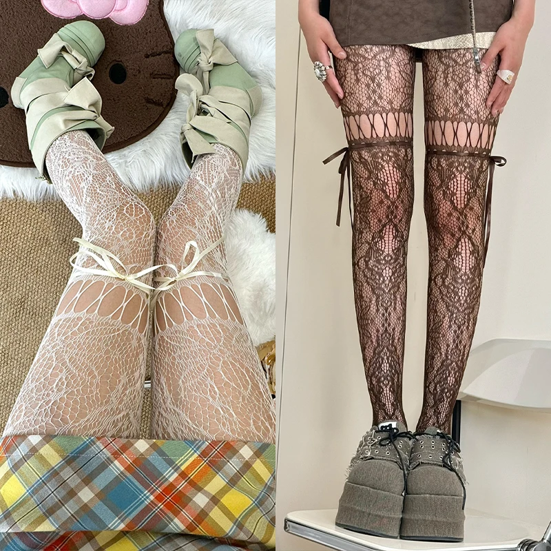 

2025 Y2K Lolita Women Lace Up Tights Classic Lace Mesh Hollow Out Stocking Bottomed Pantyhose Retro Rattan Stocking