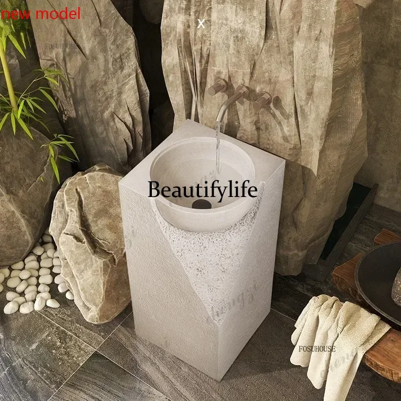 A73  Wabi-sabi Pedestal Sinks Cream Style Designer Basin Floor-to-ceiling Integrated Art Wash Basin Stone Creative Face