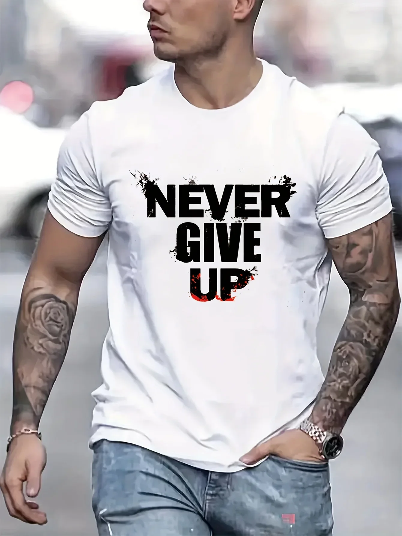 

NEVER GIVE UP Letter Print T-shirt Men's Summer 100% Cotton Fashion Casual Sports Loose Round Neck Short-sleeved Top