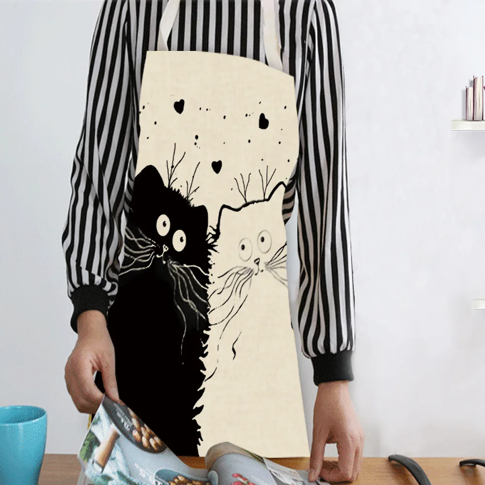 Delantal de cocina con estampado de gato, utensilio impermeable de algodón y lino, herramientas para limpiar el hogar, 12 estilos a elegir