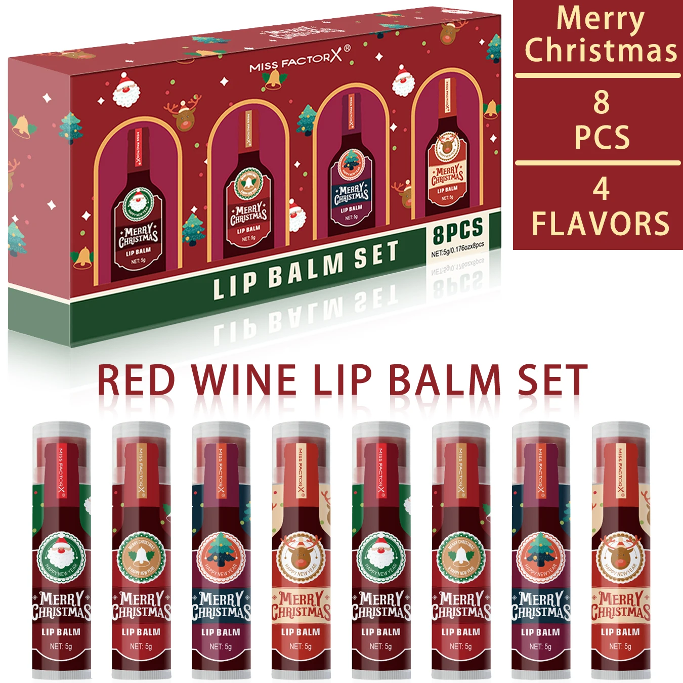 8pcs Colored lipstick Set - Christmas hot red wine with lasting taste, moisturizing and glassy luster