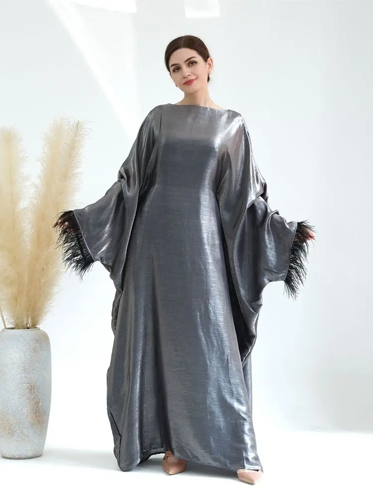 Moda lucido oversize Abaya Djellaba abito musulmano Dubai Full Length Feather nappe Abaya Dubai sciarpa musulmano Islam Robe WY1709