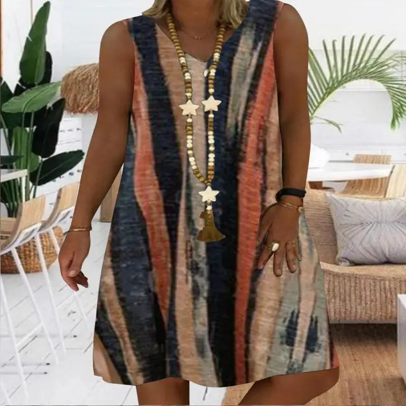 

Women Casual Sleeveless V-neck Striped Printed Midi Dress