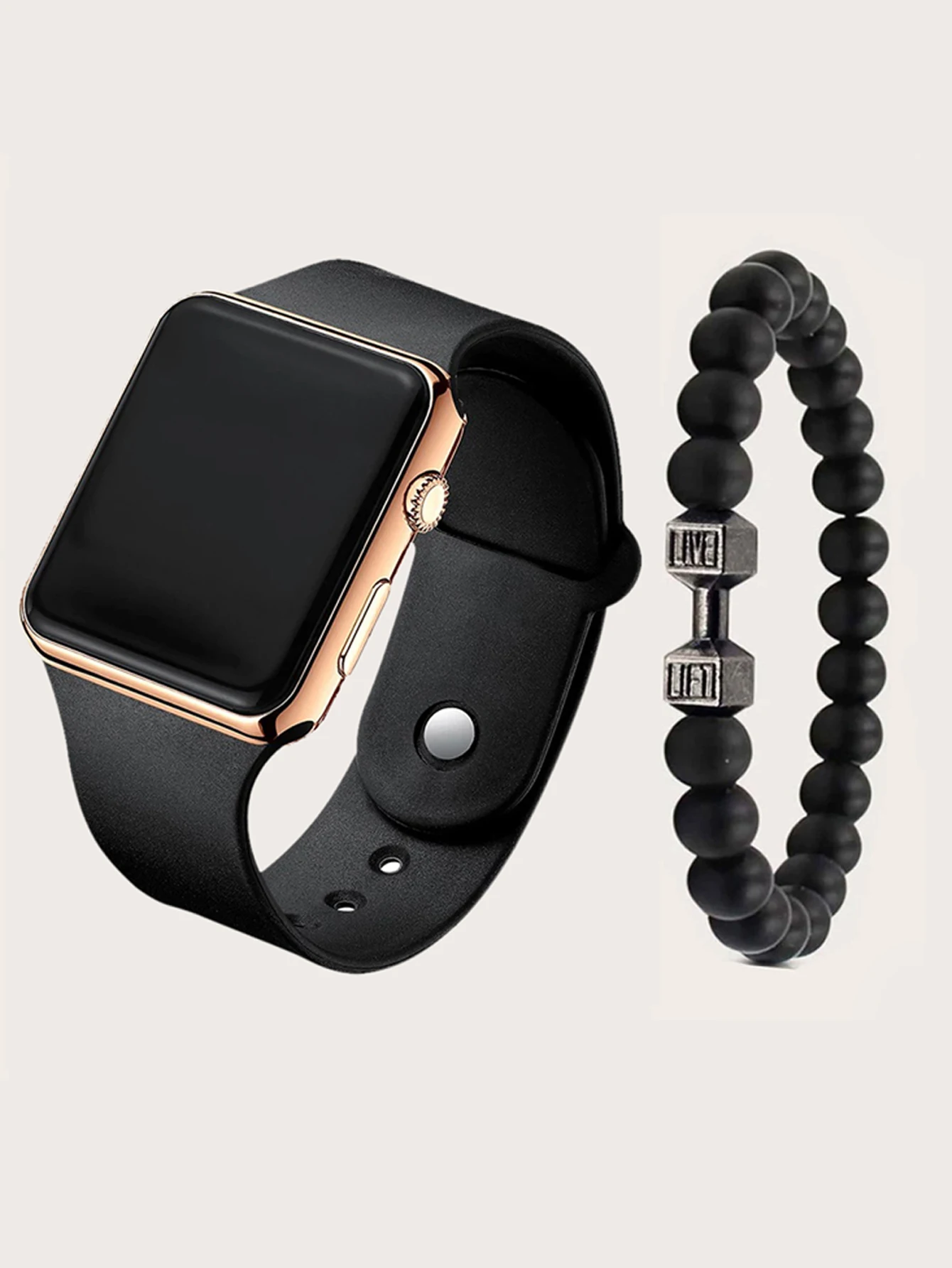 Fashion simple rectangular sports style men's digital watch and acrylic dumbbell bracelet gift trend sports wear pieces