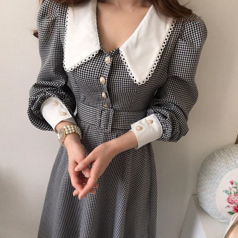 Korean Chic Temperament Single-breasted Lapel Plaid Dress Sashes Slim High Waist Puff Long Sleeve Vestido Feminino Elegant Fall