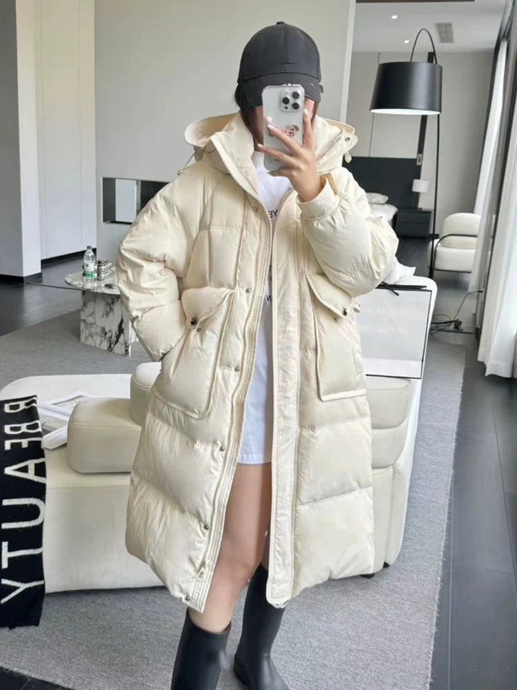 الشتاء طويل جيب كبير مقنعين أسفل سترة الإناث سميكة الدافئة باركر أبلى النساء الأبيض بطة أسفل مقاوم للماء طول الركبة السترات