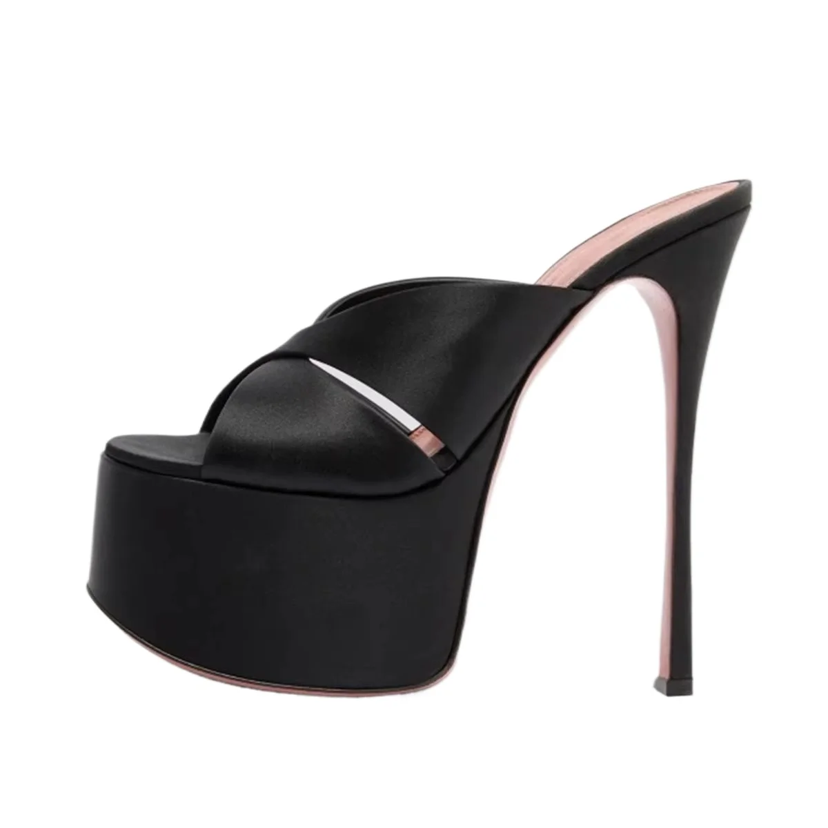 Arden Furtado Summer Satin Platform Outdoor Thin Heels Peep Toe Mules Round Toe Super High Heel Word Slippers Catwalk Shoes