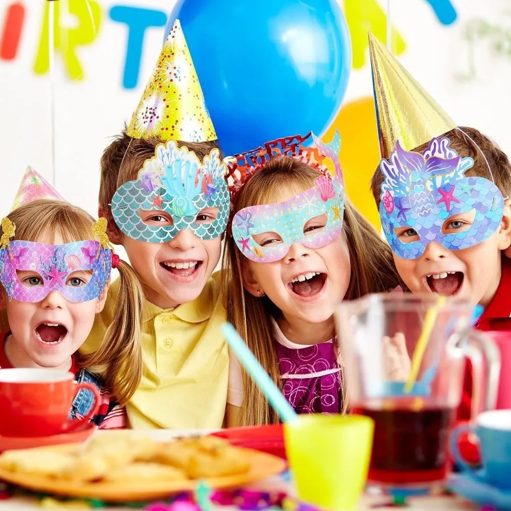6/8/10/12/16 Pcs Cartoon Mermaid Paper Glasses Paper Colorful Party Masks Underwater World Paper Masks Photo Props