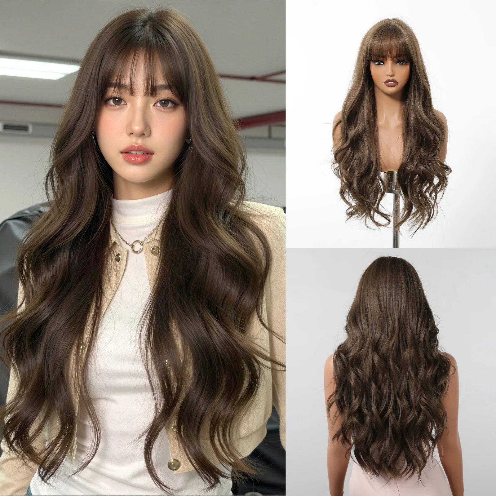 

Long Wavy Brown Wig with Bangs for Women Natural Warm Brown Synthetic Hair Heat Resistant Fiber Loose Wave Long Style Daily Wear