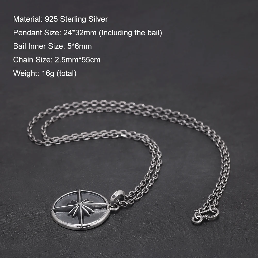 Antiqued 925 Sterling Silver North Star Coin Pendant Necklace for Men Vintage Jewelry Birthday Gift for Male Boyfriend Dad