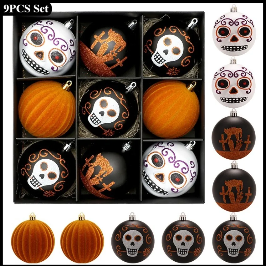 

9pcs Halloween Decoration Hanging Ball 8cm Horror Skeleton Plastic Ball Boutique Design Hanging Halloween Party Pendant Set 2025