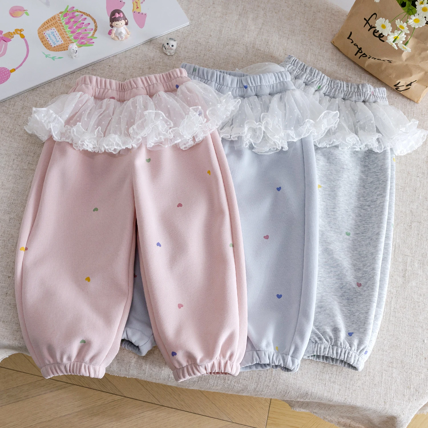 

Baby Girls Heart Print Sweatpant New Autumn Children's Casual Cotton Lace Waist Splicing Sports Pants Casual Loose Trousers ﻿