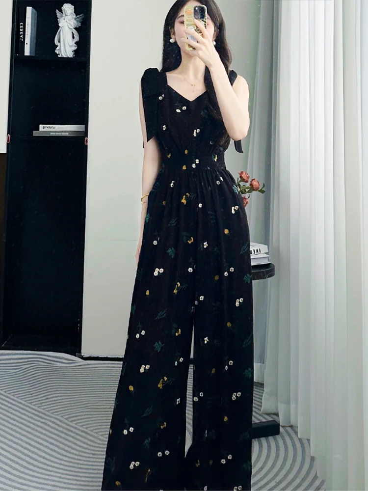 여름 고급 플로럴 프린트 원피스 팬츠 세트 여성용 우아하고 캐주얼하며 편안하고 통기성 좋은 롱...