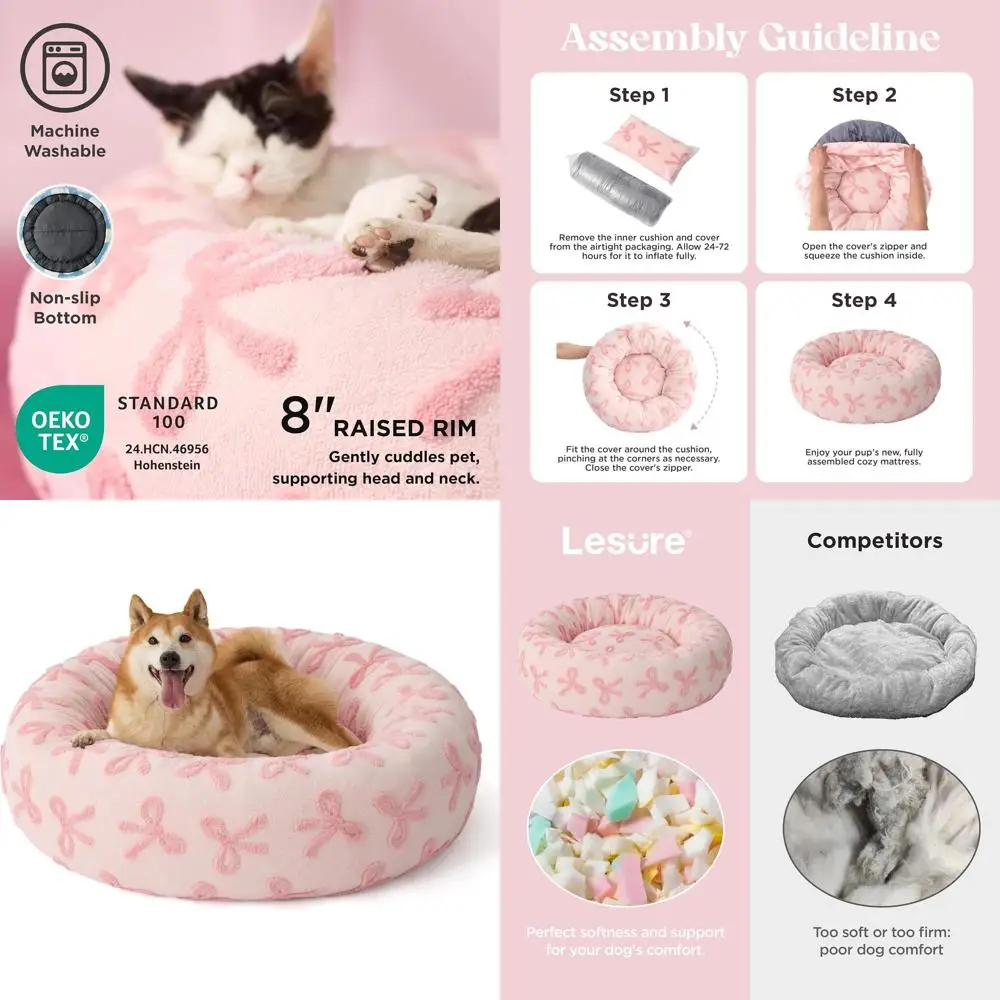 

Round Dog and Cat Beds - Indoor Calming, Anti-Anxiety, Washable Plush Beds with Anti-Slip Base, 36 Pink