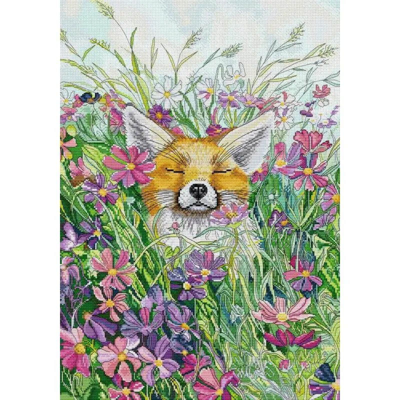 Intoxicated Little Fox Floral Animal Pattern Cross Stitch Embroidery Kits 14 16 11ct White Counted Printed Fabric Needlework Set